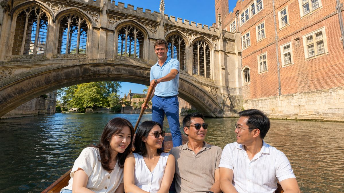 Shared chauffeured punting tour on the River Cam past the College Backs
